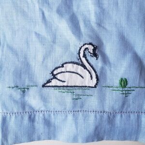 Embroidered Swan on French Blue Linen Finger Towel